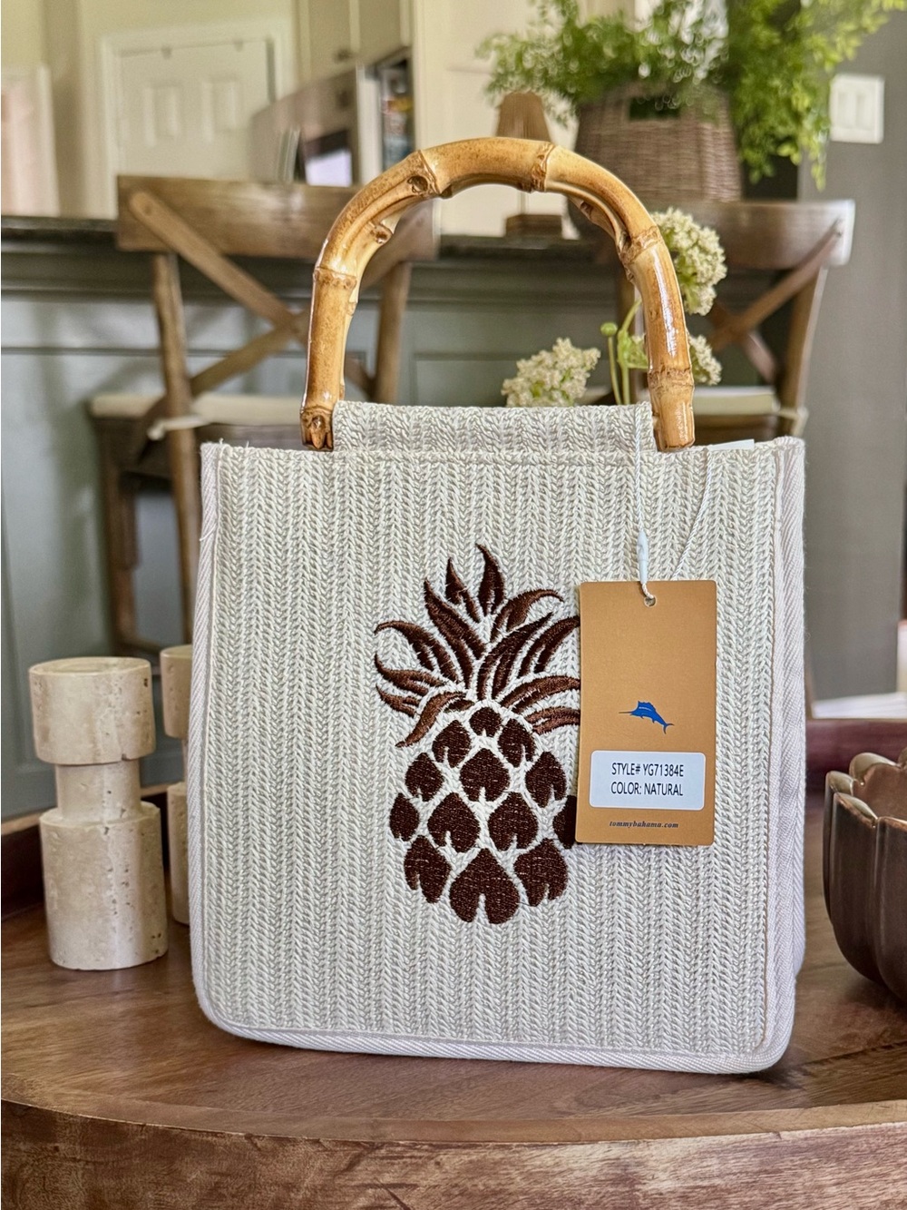 Brand New Tommy Bahama Natural Woven Pineapple Tote w/Bamboo Handles